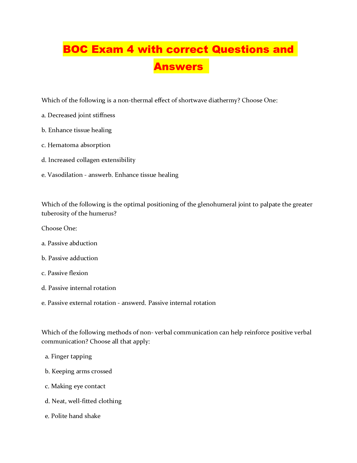 Preview image of BOC Exam 4 with correct Questions and Answers document